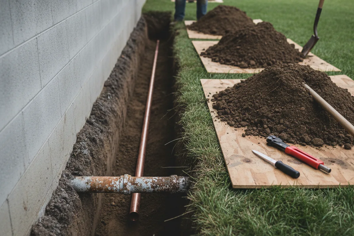 Excavated water line trench during Water Heater Repair in Kula